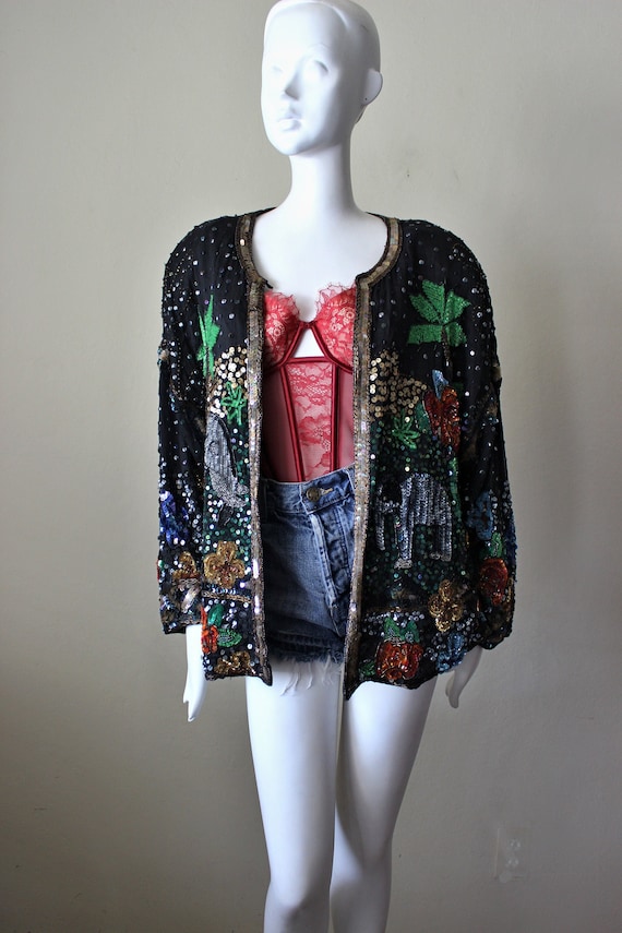 Sequin jacket, vintage, beaded, elephants, tropica