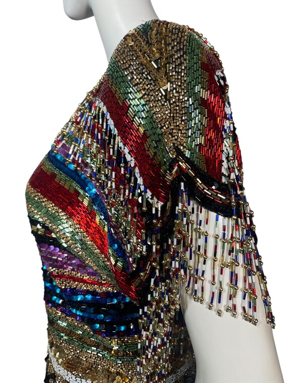 Sequin top, beaded fringe, rainbow, silk. 1970s-1… - image 8