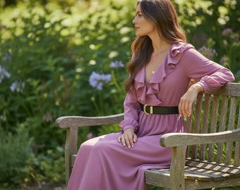 Vintage maxi dress, purple, 1970s hostess style. Ruffle collar, Deep v, bell sleeves