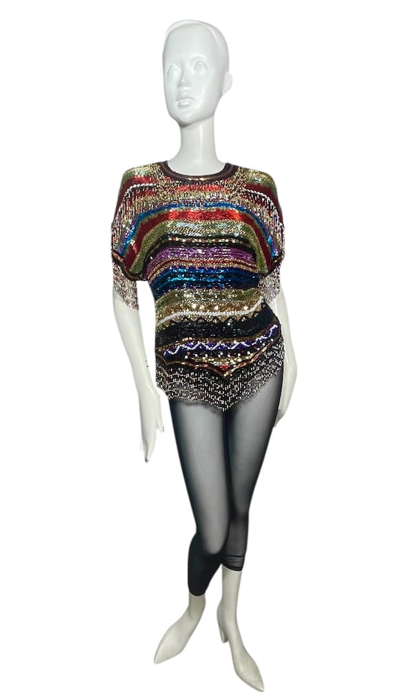 Sequin top, beaded fringe, rainbow, silk. 1970s-1… - image 1