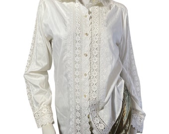 Lace blouse, vintage, cream, ruffle,high neck. Saks 5th Ave. Original tags, NWT