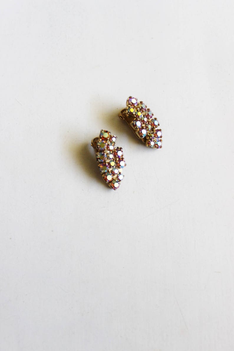 iridescent ear climbers Rhinestone earrings 1980s. clip-ons vintage