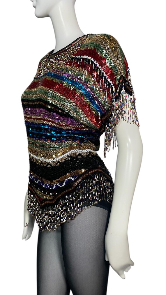 Sequin top, beaded fringe, rainbow, silk. 1970s-1… - image 4