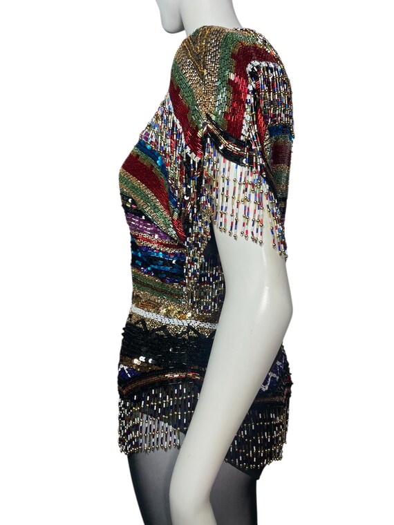 Sequin top, beaded fringe, rainbow, silk. 1970s-1… - image 5