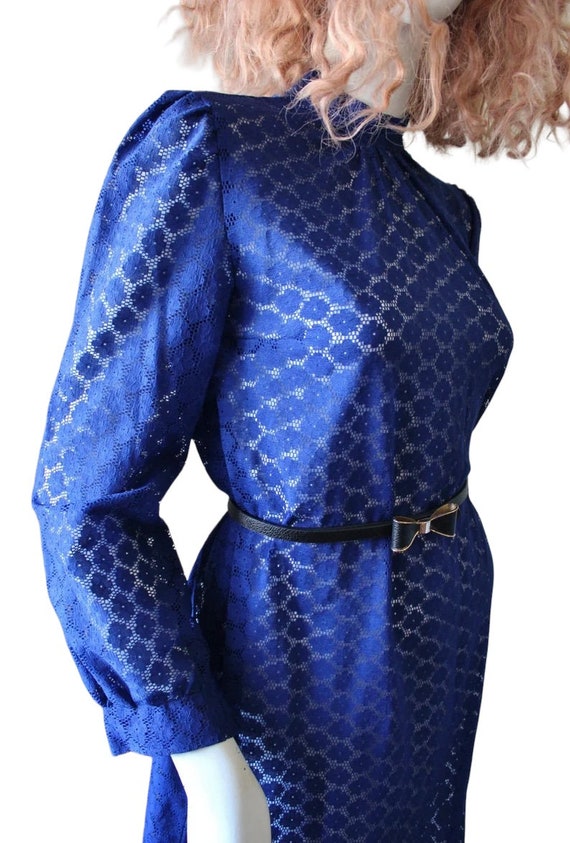 Vintage lace dress, blue, royal, sheer long sleev… - image 6