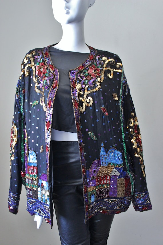 Sequin jacket, beaded, cityscape, silk, vintage, b