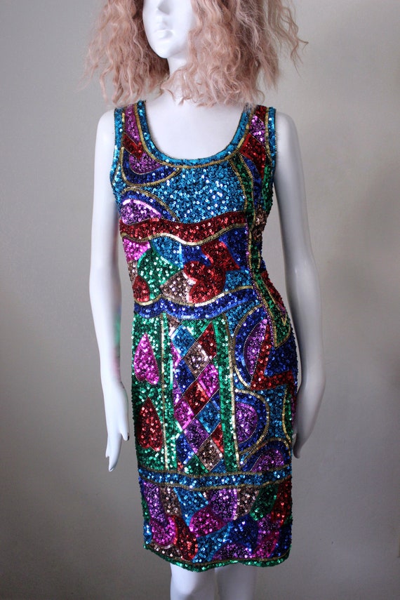 Sequin dress vintage rainbow mini Mardi Gras festival | Etsy