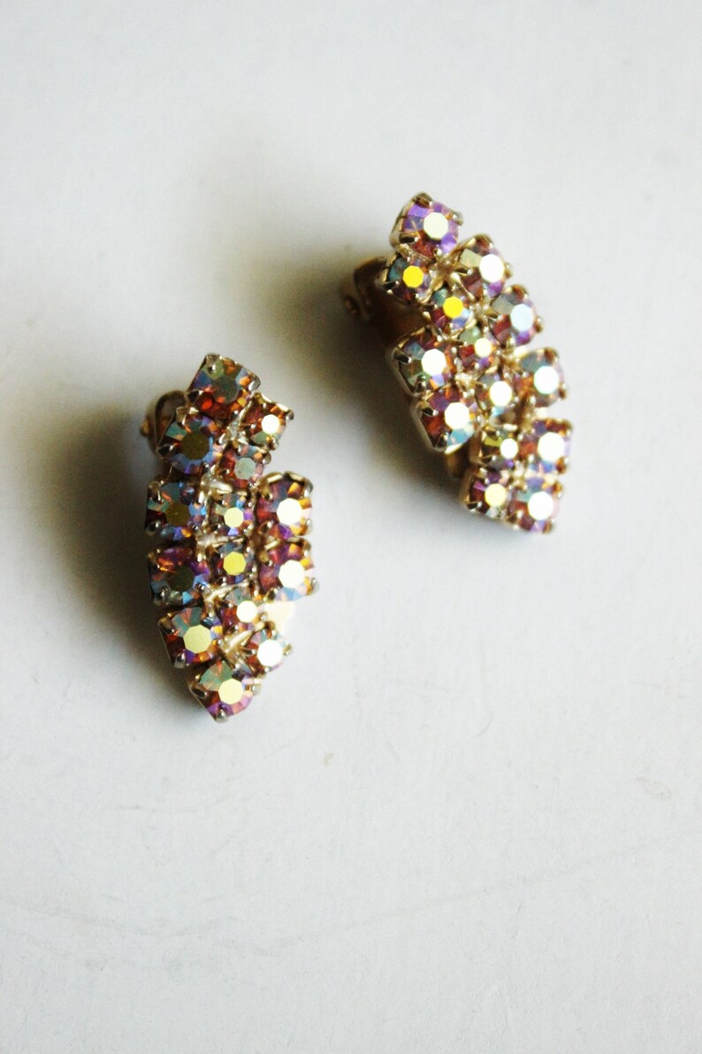 iridescent ear climbers Rhinestone earrings 1980s. clip-ons vintage