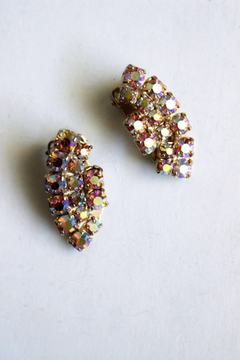 iridescent ear climbers Rhinestone earrings 1980s. clip-ons vintage