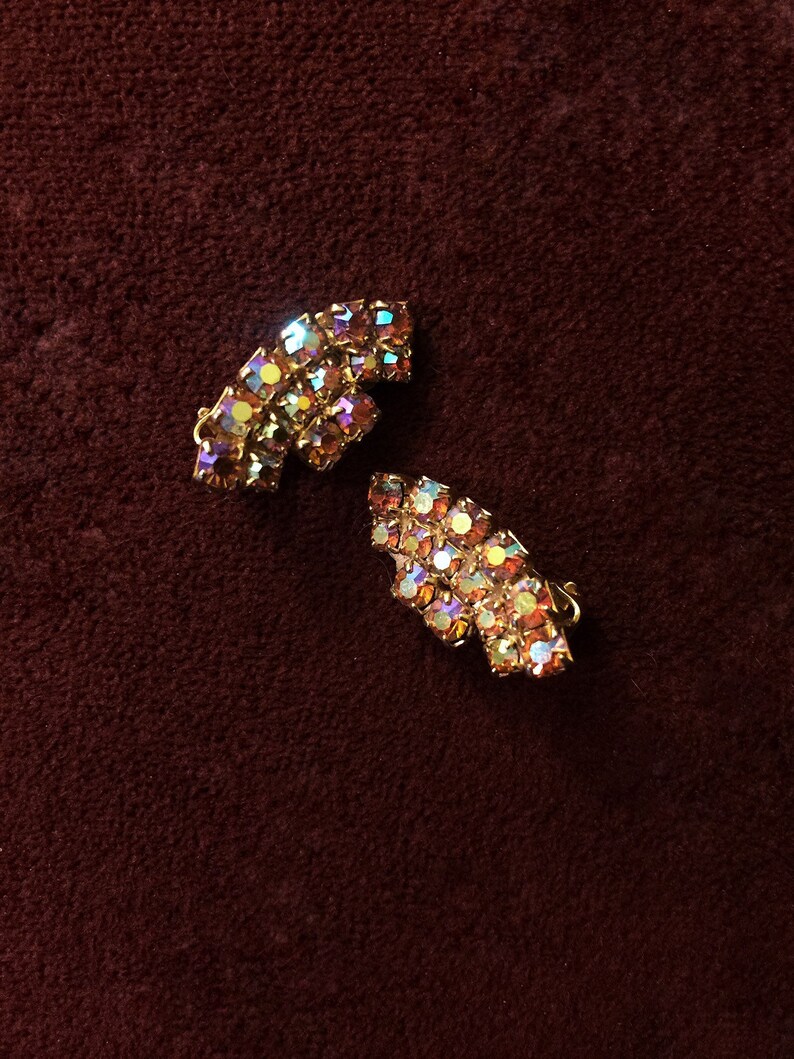 iridescent ear climbers Rhinestone earrings 1980s. clip-ons vintage
