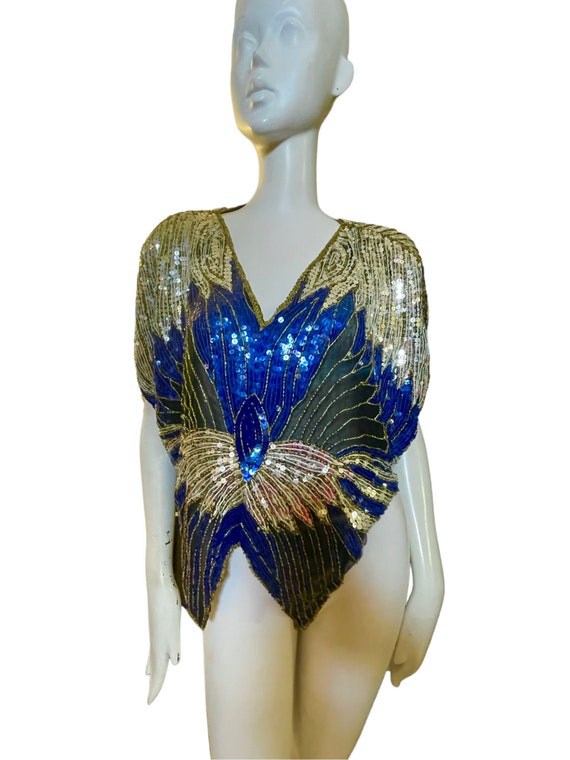 Blue silver sequin top vintage, silk, beaded, 1980