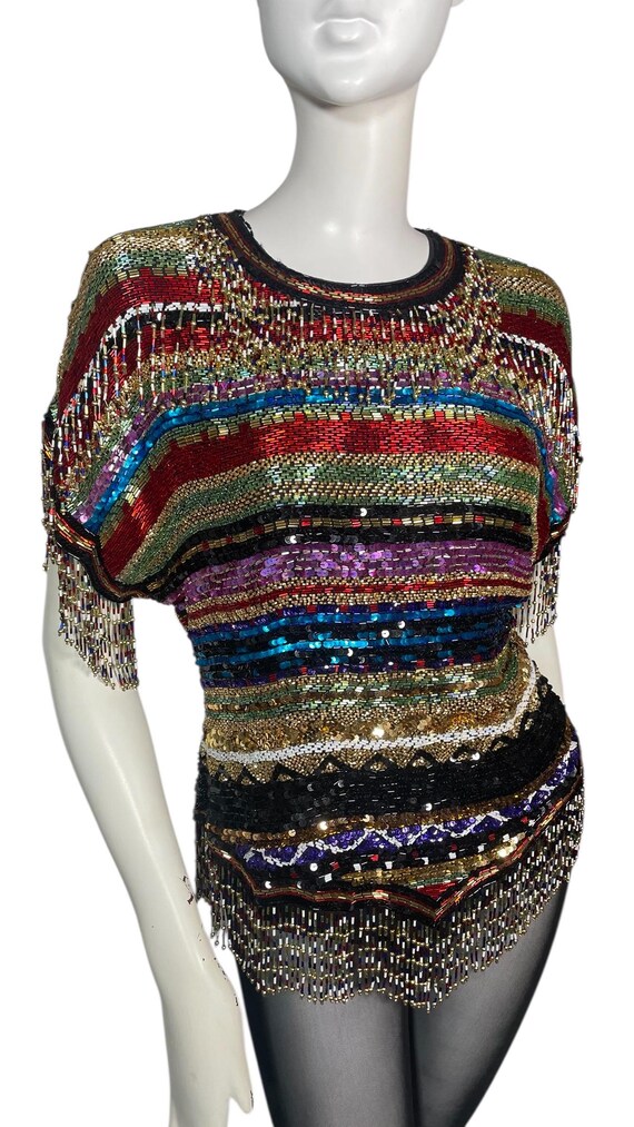 Sequin top, beaded fringe, rainbow, silk. 1970s-1… - image 2