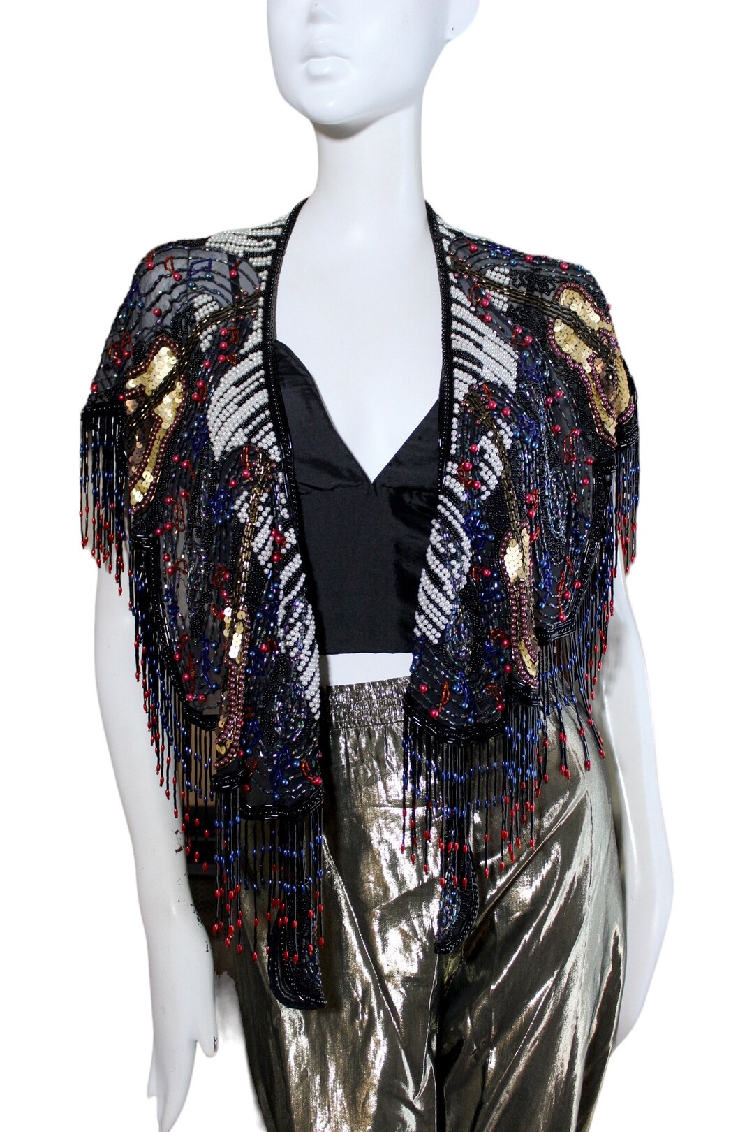 Vintage Sequin Beaded Fringe Shawl Etsy