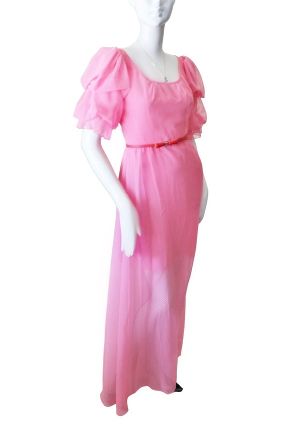 Pink dress, vintage, 1970s, belted, long, puff sl… - image 7