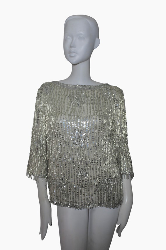 Tassel top, beaded fringe, sequin, silk. 1970s-19… - image 2
