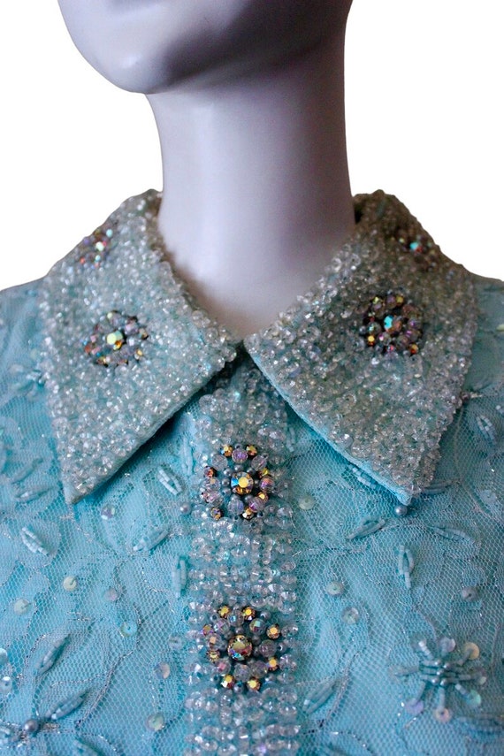 Vintage shift dress, sequins beads, 1960s, powder… - image 8