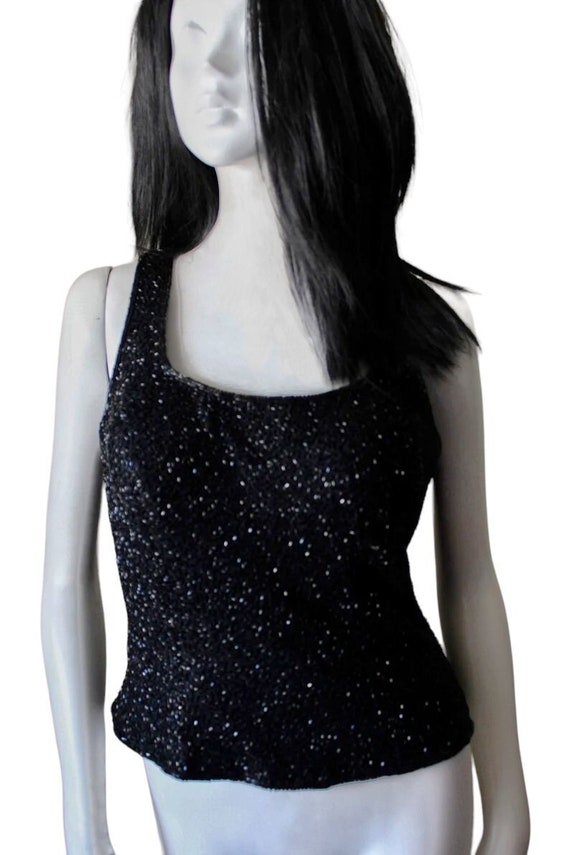 Vintage top, beaded, black, flare, 1970s. By Jason
