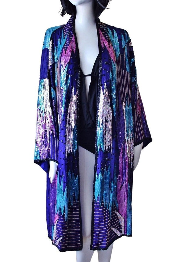 Sequin beaded silk jacket, duster, robe. Purple, p