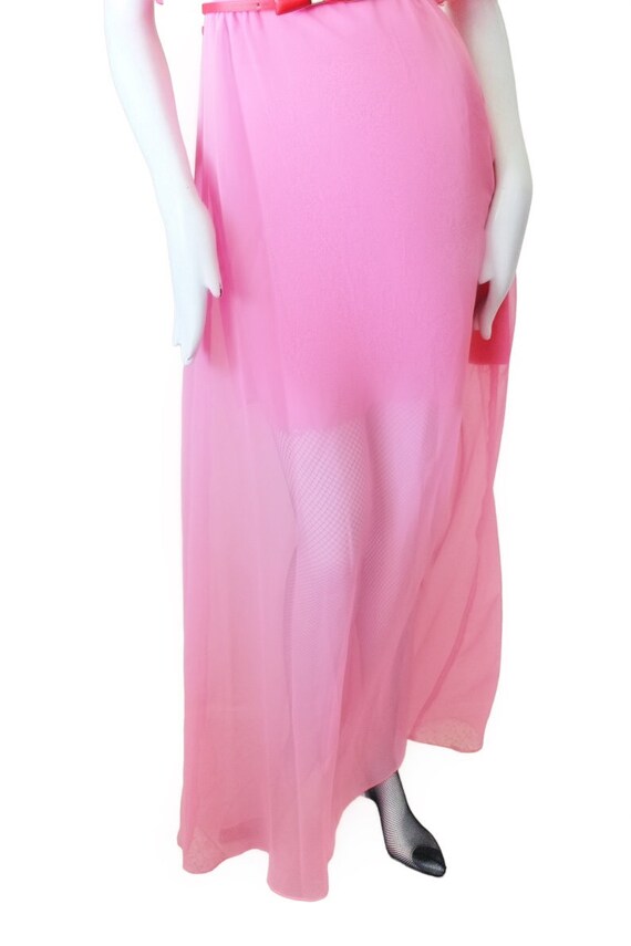 Pink dress, vintage, 1970s, belted, long, puff sl… - image 3