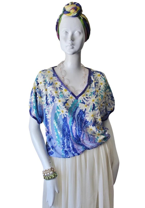 Sequin top, vintage, floral, silk. Saks Fifth Aven