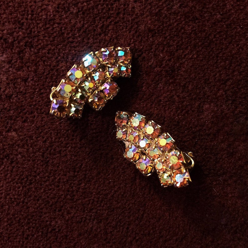 iridescent ear climbers Rhinestone earrings 1980s. clip-ons vintage