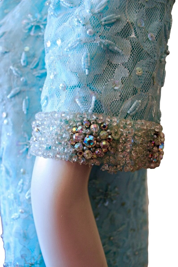 Vintage shift dress, sequins beads, 1960s, powder… - image 4