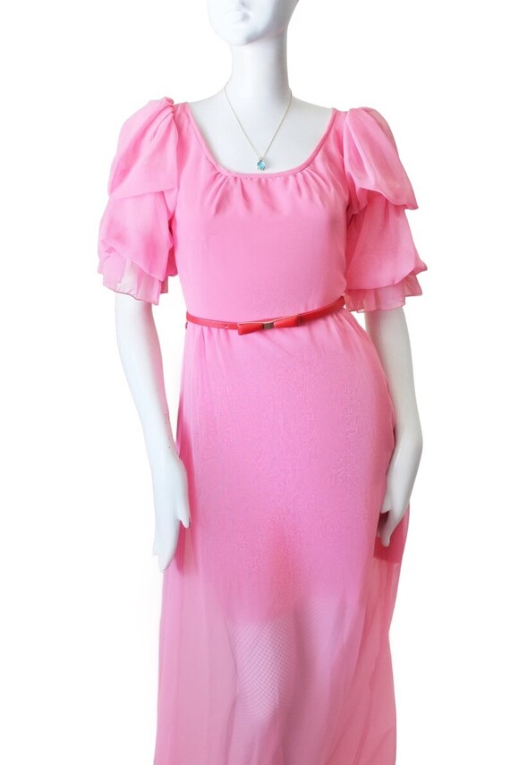Pink dress, vintage, 1970s, belted, long, puff sl… - image 2