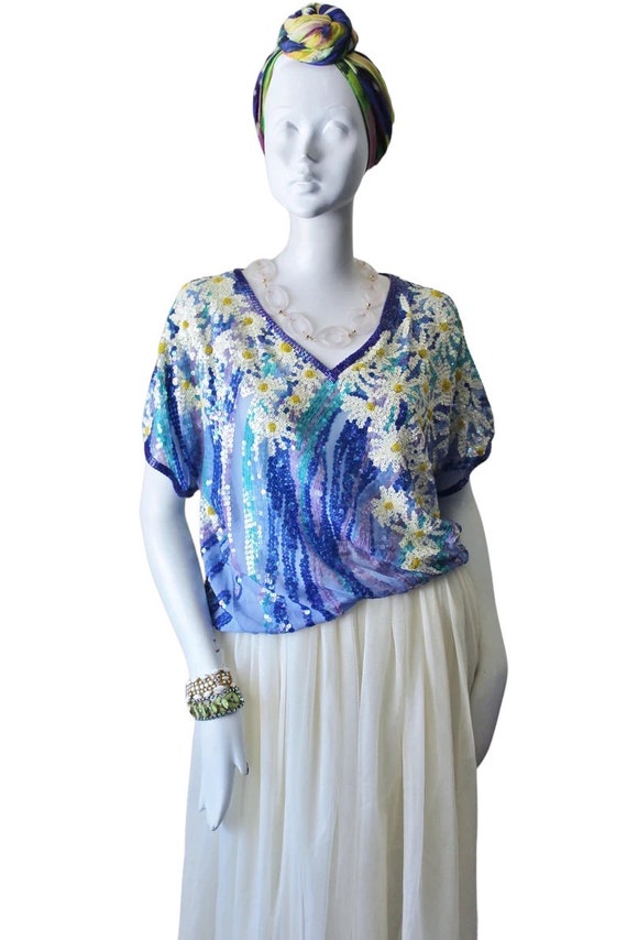 Sequin top, vintage, floral, silk. Saks Fifth Ave… - image 4
