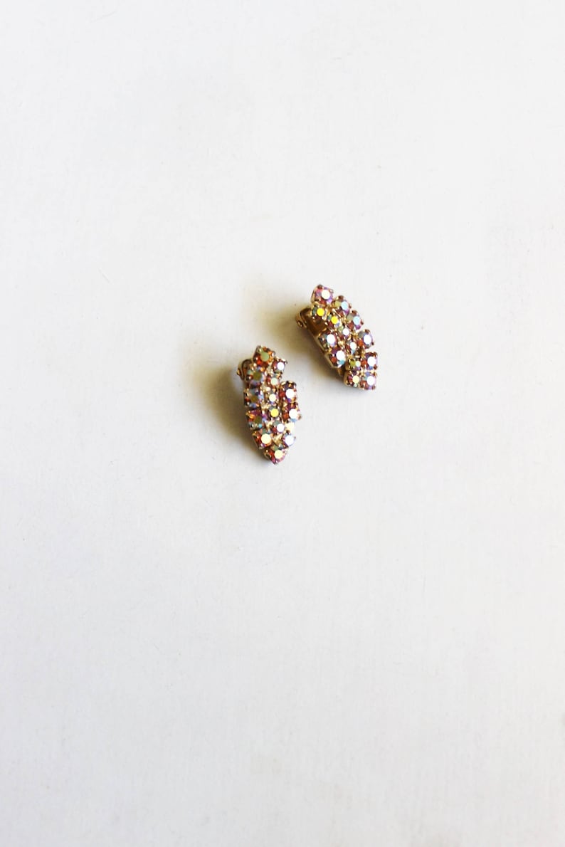 iridescent ear climbers Rhinestone earrings 1980s. clip-ons vintage