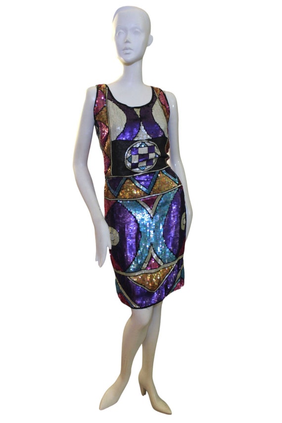 Sequin dress, vintage,silk, art deco, abstract, co