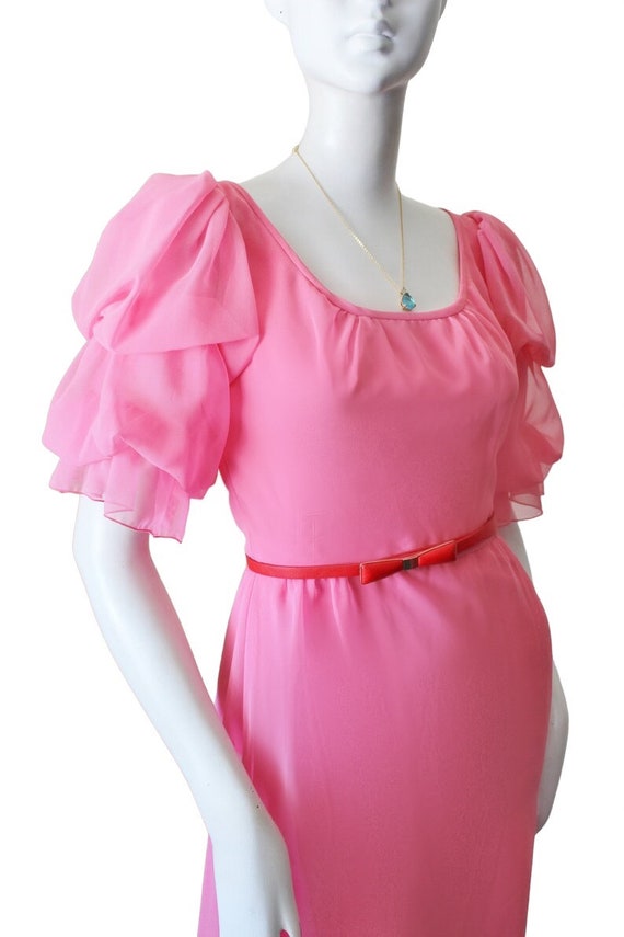 Pink dress, vintage, 1970s, belted, long, puff sl… - image 6