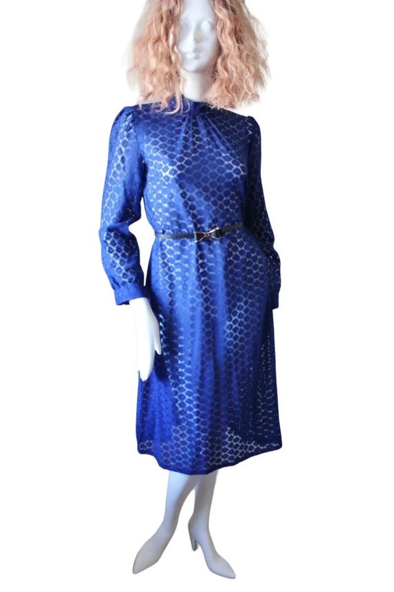 Vintage lace dress, blue, royal, sheer long sleev… - image 1