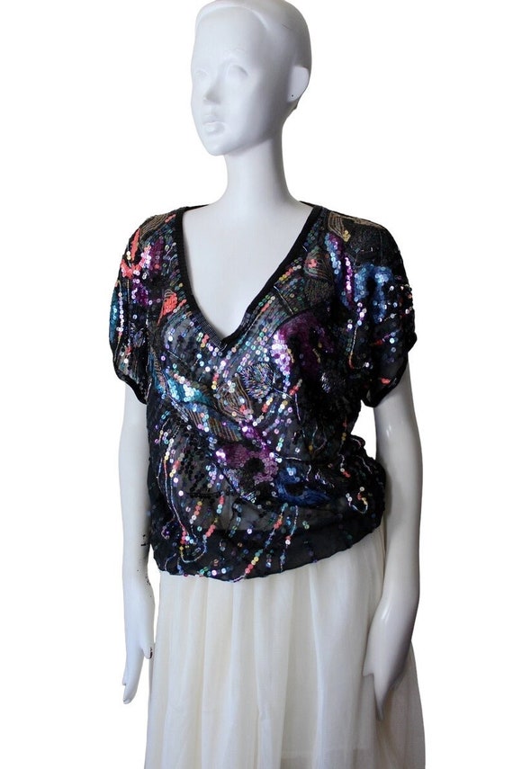 Sequin top, sheer, vintage, abstract, neon, silk. 