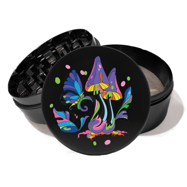 Colorful Mushrooms Butterfly  4 Piece Airplane grade Aluminum Herb Grinder Free Personalize the back of the grinder with your message 041