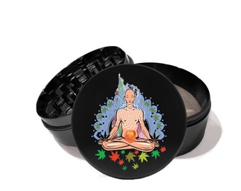 Yoga Lotus Pose Meditation  4 Piece aircraft grade aluminum Herb Grinder laser engraved the back of the grinder with your own message  0036