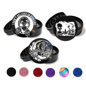Alien Grinders, 4 Piece Herb Grinder with Kief Catcher, Pink, Red, Blue, Purple, Rainbow, Free Personalized Text on Back