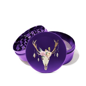 Deer Skull with Flower Crown Metal Grinder Herb With Catcher Set, 4 Piece Grinder Girly Grinder, for Girls 0233