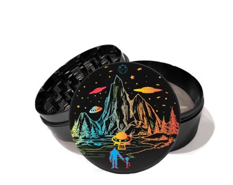 4 Piece UV printrd Grinder Herb With Catcher Free Personalize the back of the grinder with your message .Mountain UFO and Bigfoot and alien
