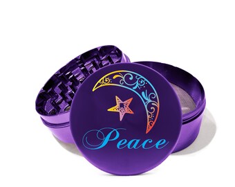 Star and Moon Peace Metal Grinder Herb With Catcher Set, 4 Piece Grinder with Free personalize Back of your Herb grinder  0293G