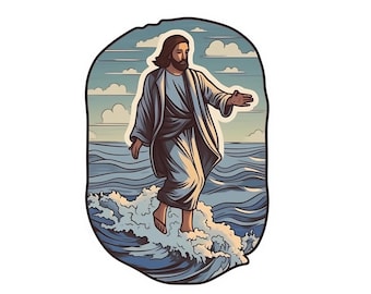Jesus Saves | Christian Sticker | Faith-Based Vinyl Decal for car water bottle laptop, Jesus walks on water verse, Matthew 14:22-33