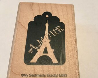 My Sentiments Exactly! Amour Eiffel Tower Tag Wood Mounted Rubber Stamp.
