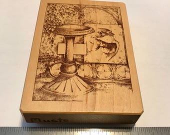 Inkadinkado Birdbath,Bird,Garden Collage Wood Mounted Rubber Stamp.
