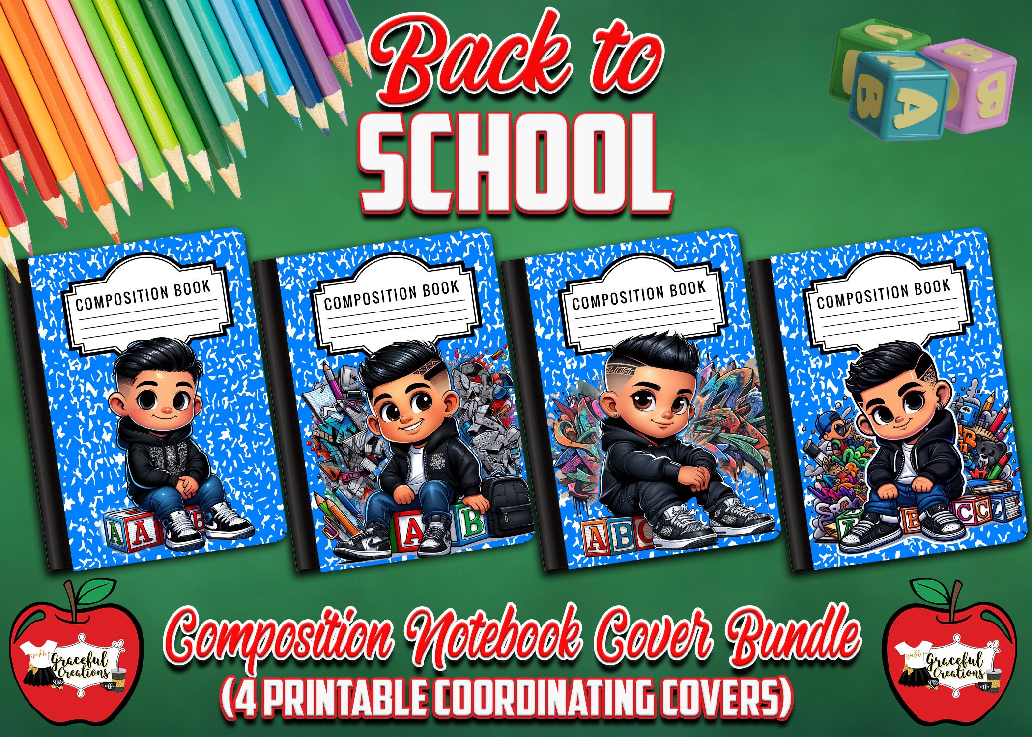 Back to School Printable Composition Notebook Cover Bundle Digital ...