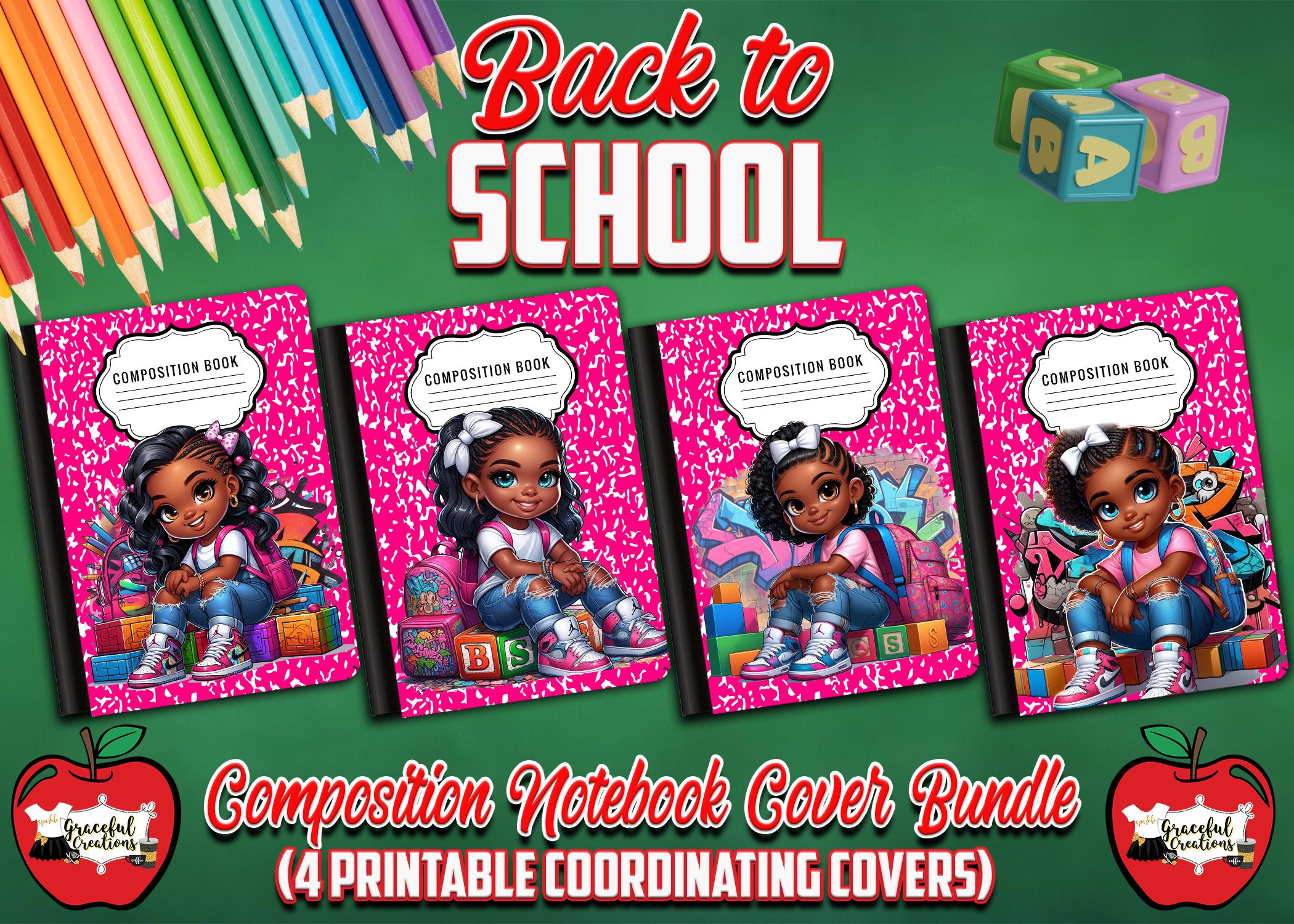 Back To School Printable Composition Notebook Cover Bundle Digital Download - African American Girl