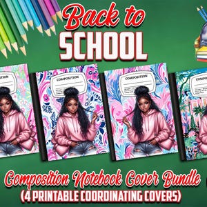 Paquete de portadas para cuadernos de composición imprimibles para la vuelta al cole, descarga digital: chica afroamericana adolescente preppy, color rosa