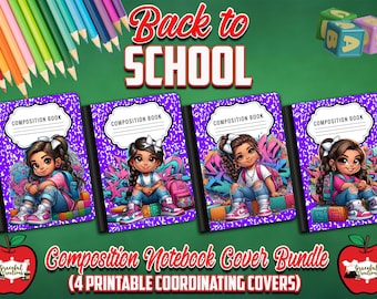 Back To School Printable Composition Notebook Cover Bundle Digital Download - Latino American Girl