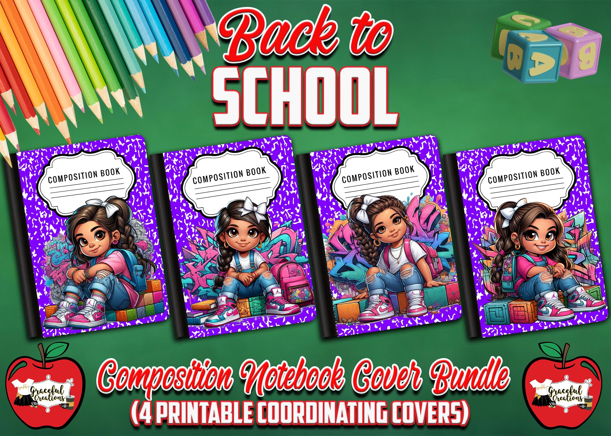 Back to School Printable Composition Notebook Cover Bundle Digital ...