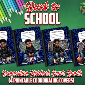 Puede incluir: Un conjunto de cuatro cubiertas de cuaderno de composición imprimibles con un diseño azul y negro con un niño pequeño sentado en bloques de letras. El texto "Composition Book" está impreso en cada cubierta.
