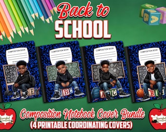Back To School Printable Composition Notebook Cover Bundle Digital Download - African American Boy