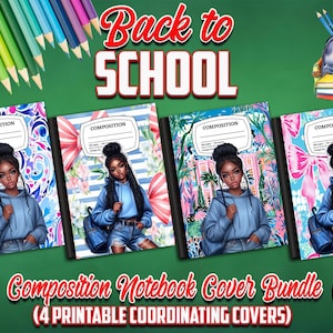 May include: A set of four printable composition notebook covers featuring a young woman with blue hair and a blue hoodie. The covers have different colorful patterns, including floral, paisley, and geometric designs. The text "COMPOSITION" is printed on each cover.